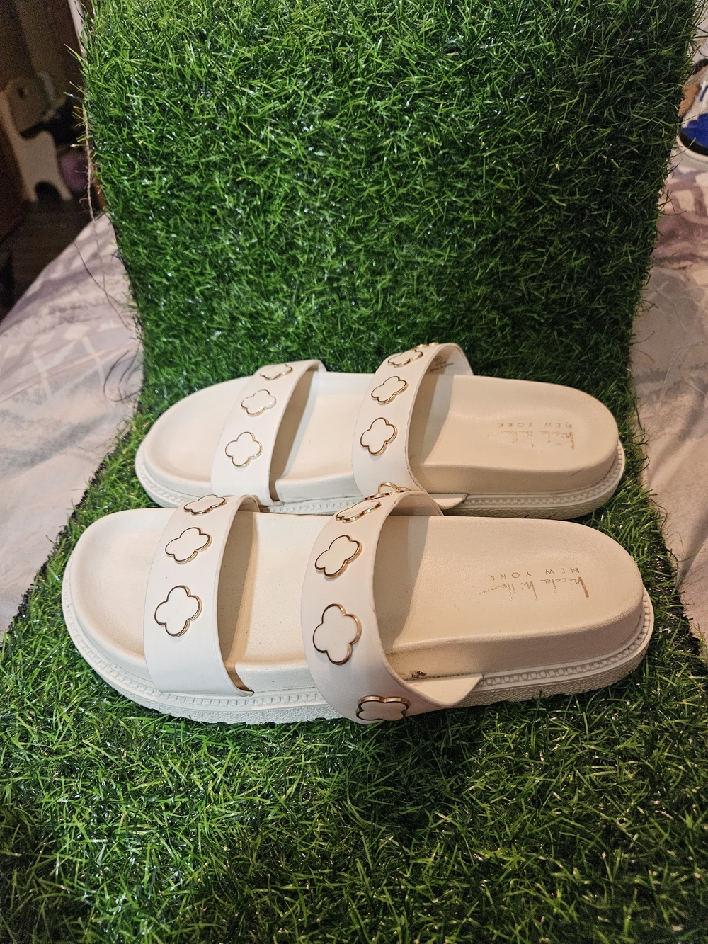 Nicole Miller Cream Slide Sandals with Gold Clover Accents